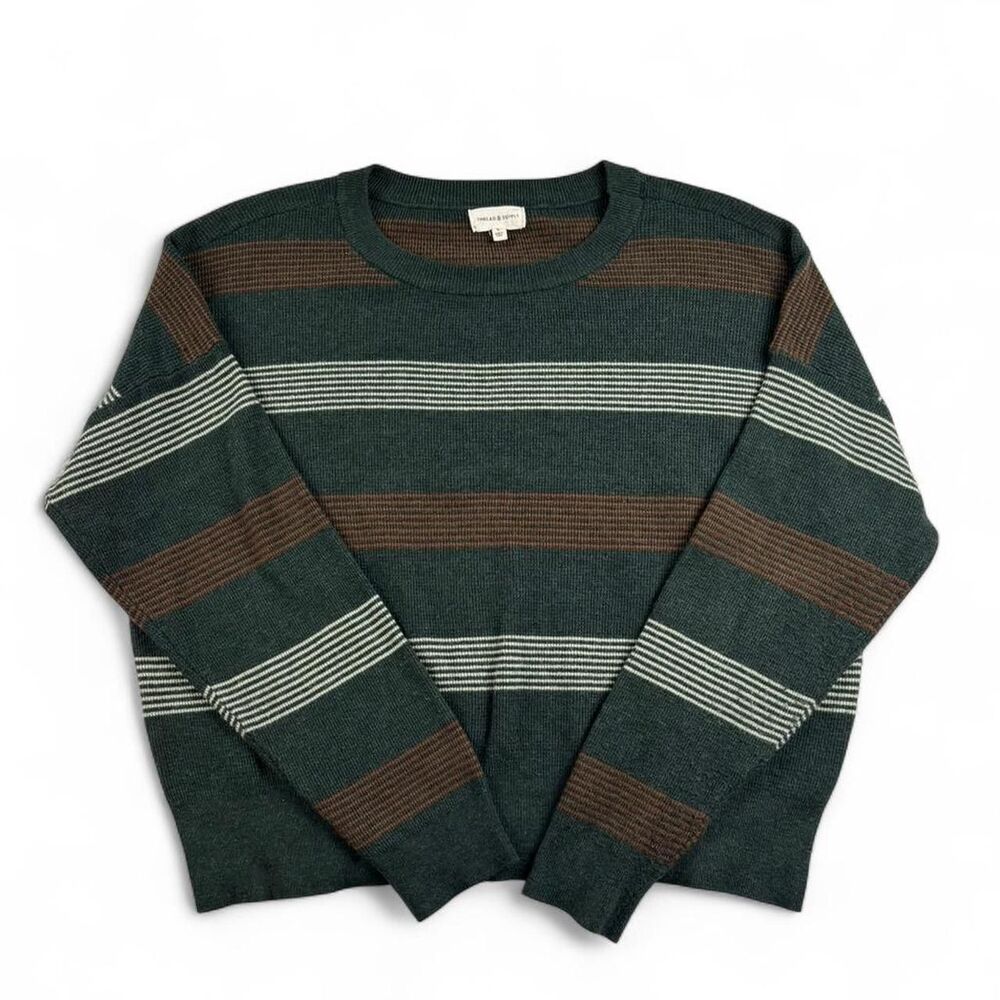 Thread & Supply Women’s L Cropped Sweater Green Brown Striped Knit Top